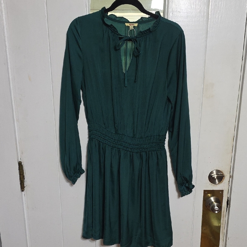 NWOT KORI America Womens Dress Green Ruffly Neck Ties Elastic Lightweight Sz S